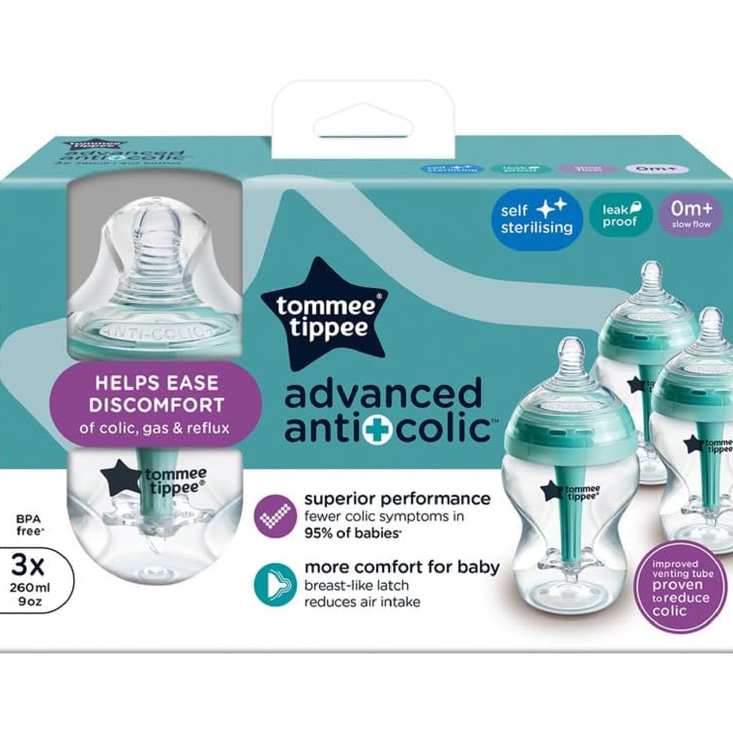 Tommee Tippee Advanced Anti-Colic Baby Bottles for 0m+, 260ml (Pack of 3)