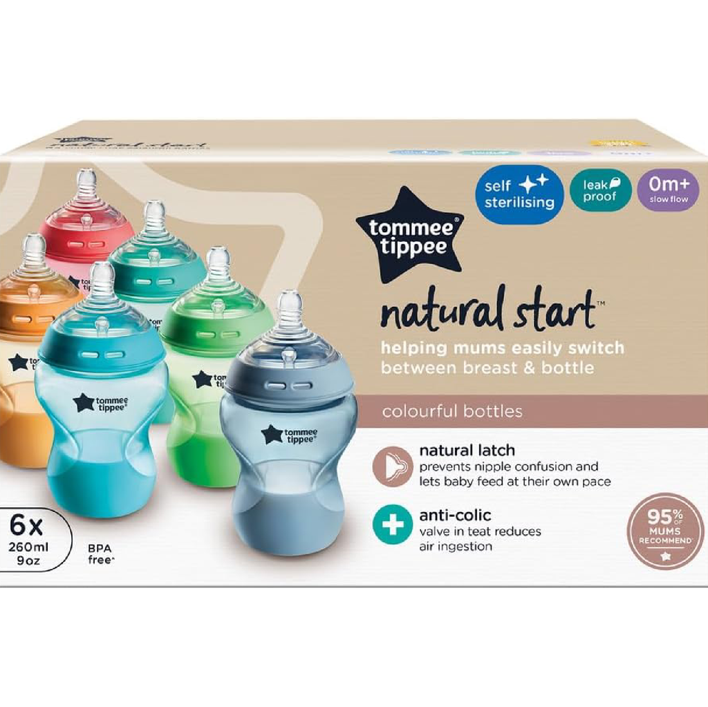 Tommee Tippee Natural Start Baby Bottles for 0m+, 260ml Colourful (Pack of 6)