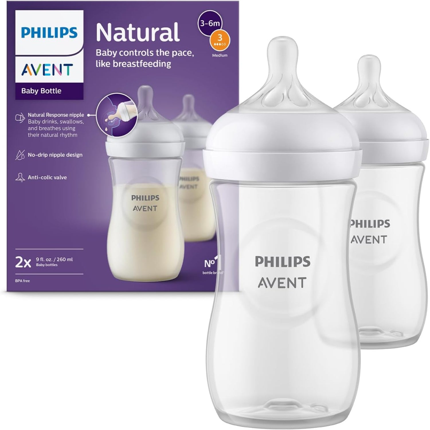 Philips Avent Natural Response Baby Bottle, 260ml (Pack of 2) - Model SCY903/02