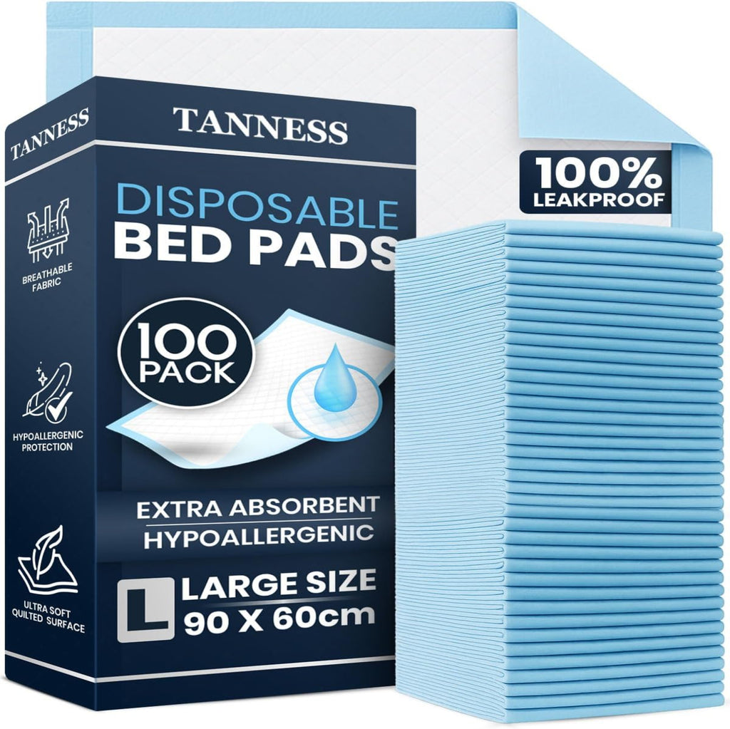 Tanness Disposable Bed Pads 90x60cm – Waterproof Absorbent Underpads (Pack of 100)