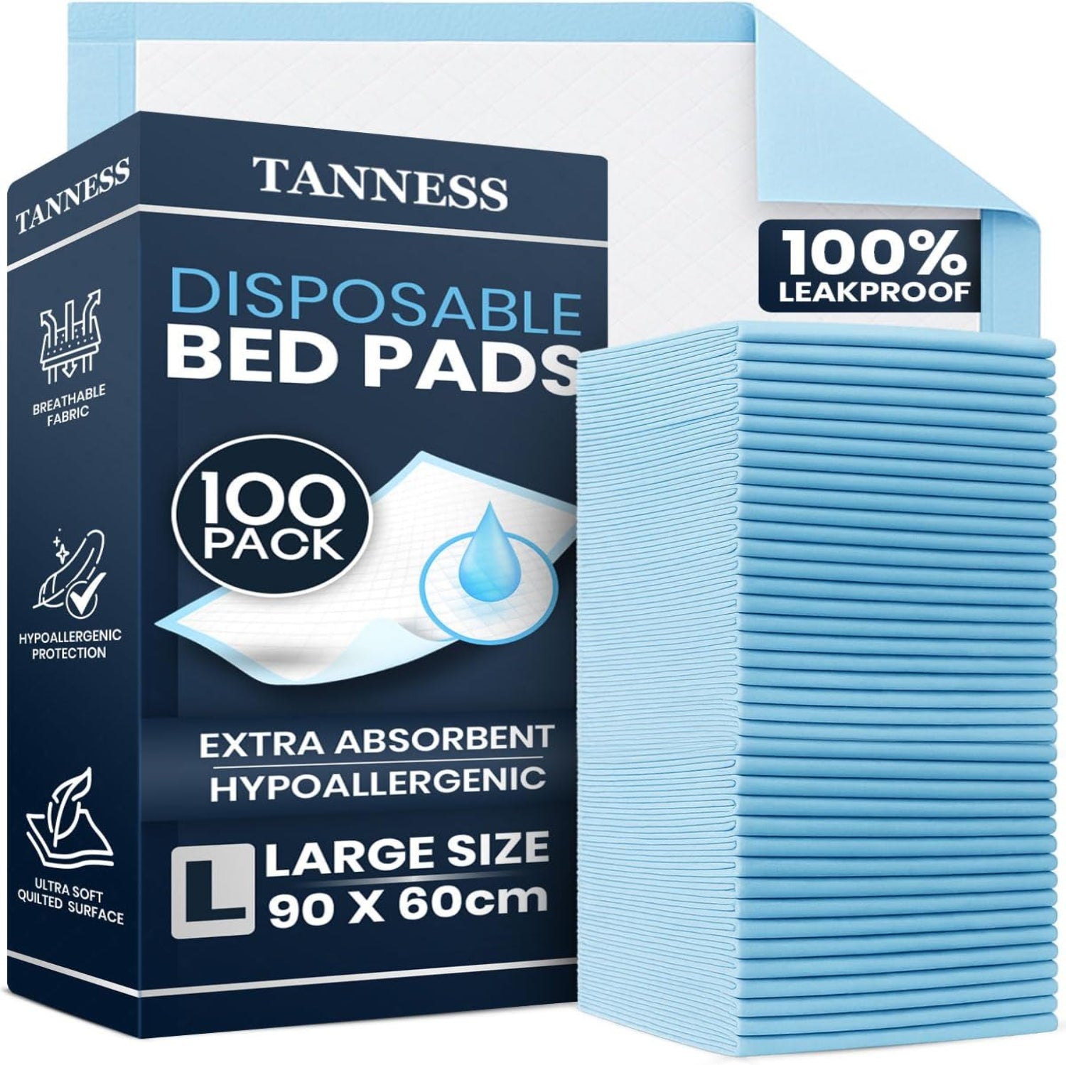Tanness Disposable Bed Pads 90x60cm – Waterproof Absorbent Underpads (Pack of 100)