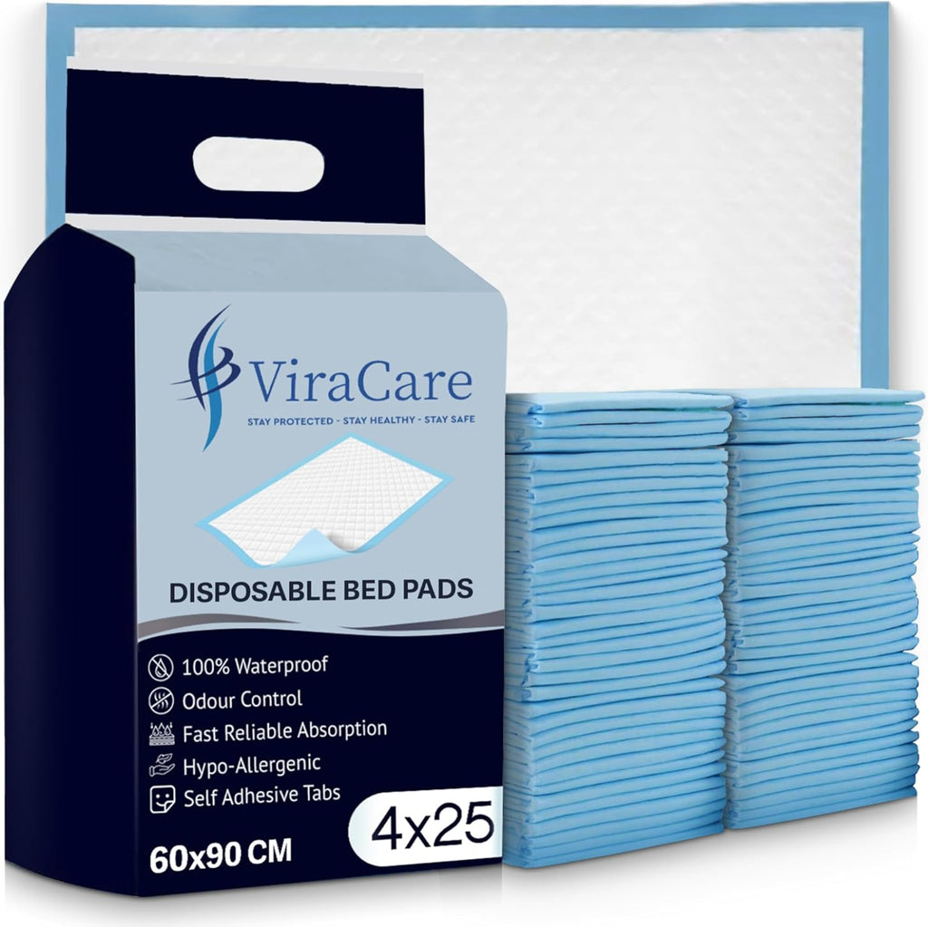 ViraCare Disposable Incontinence Bed Pads with Self-Adhesive Tabs, 60 x 90 cm (Pack of 100)