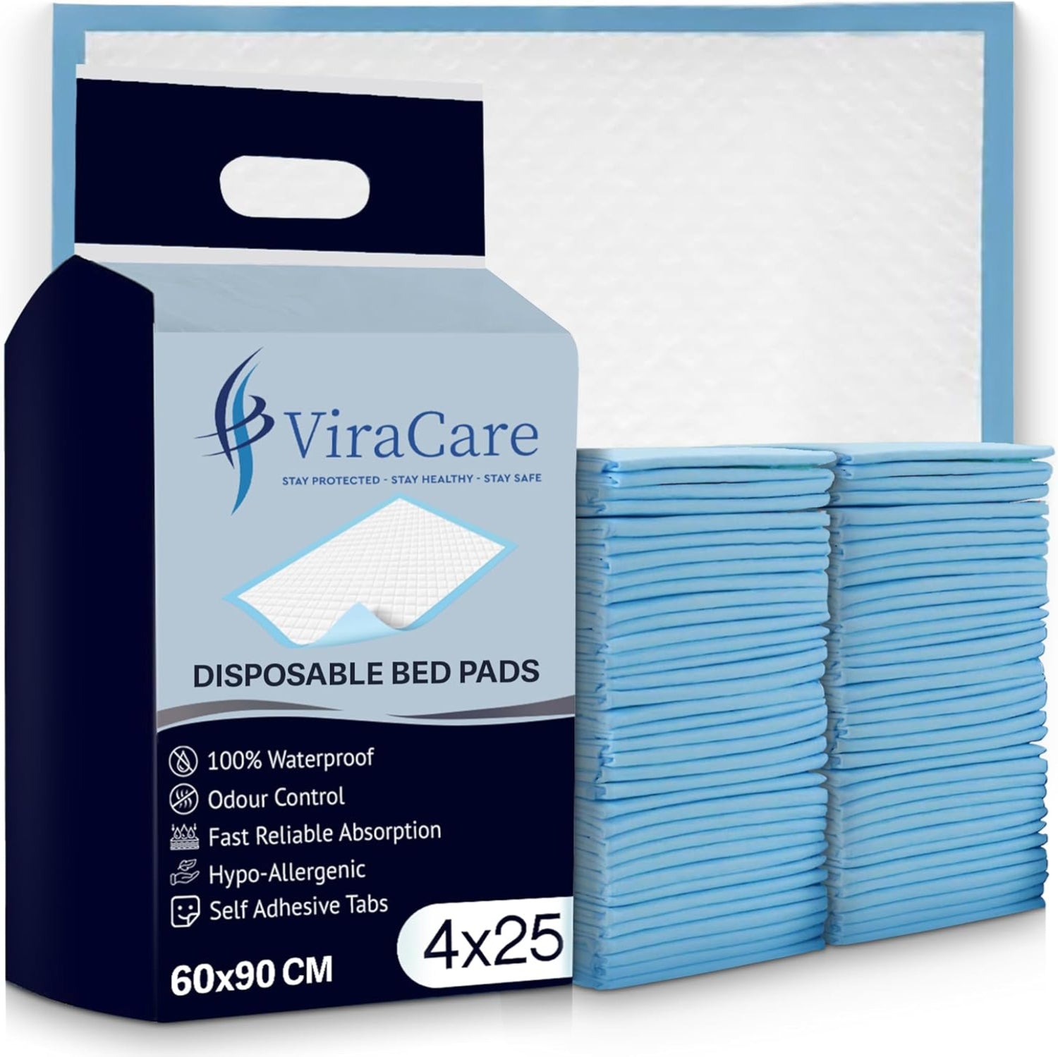ViraCare Disposable Incontinence Bed Pads with Self-Adhesive Tabs, 60 x 90 cm (Pack of 100)