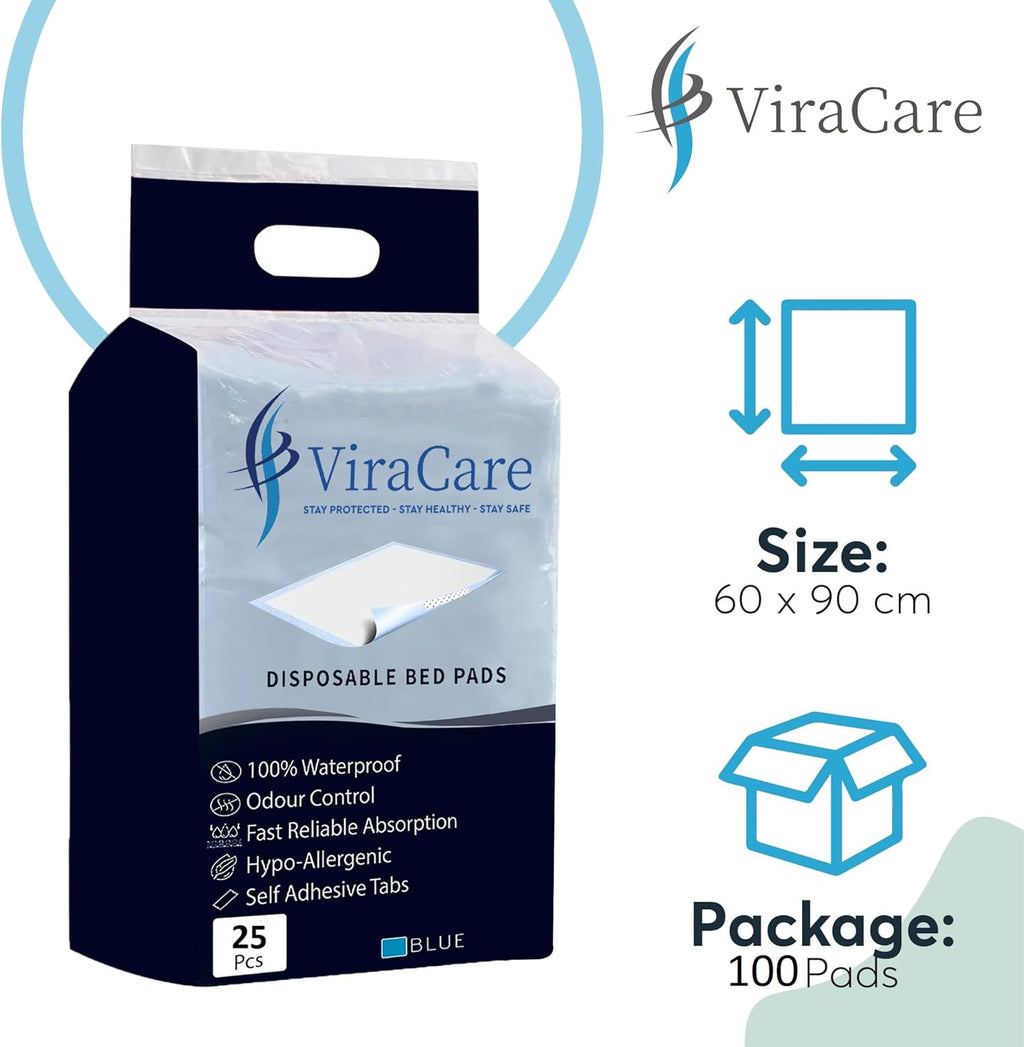 ViraCare Disposable Incontinence Bed Pads with Self-Adhesive Tabs, 60 x 90 cm (Pack of 100)