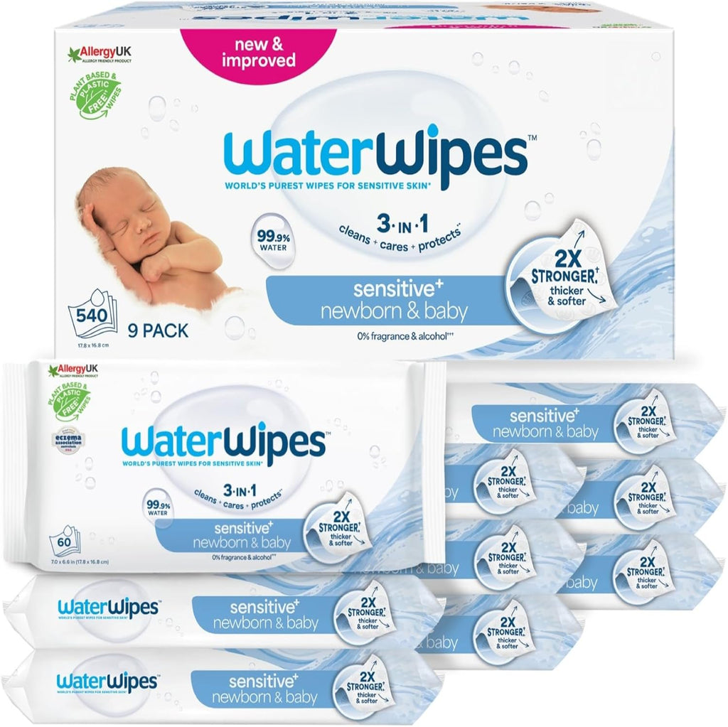 WaterWipes Sensitive+ Newborn & Baby Wipes, 540 Count (9 Packs)