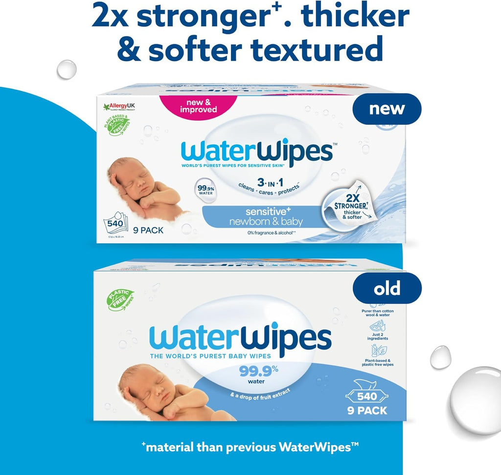 WaterWipes Sensitive+ Newborn & Baby Wipes, 540 Count (9 Packs)