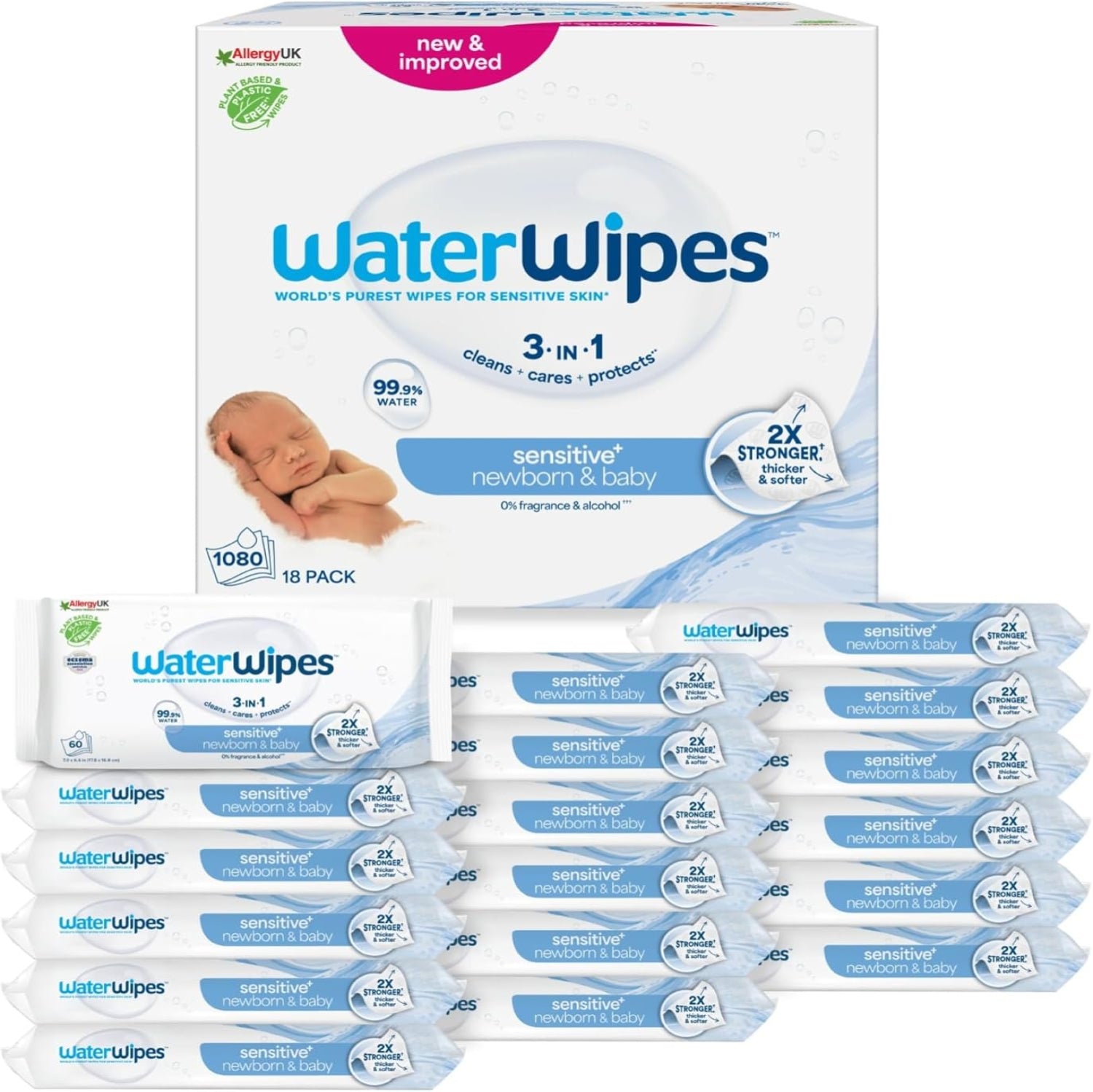 WaterWipes Sensitive+ Newborn & Baby Wipes, 1080 Count (18 Packs)