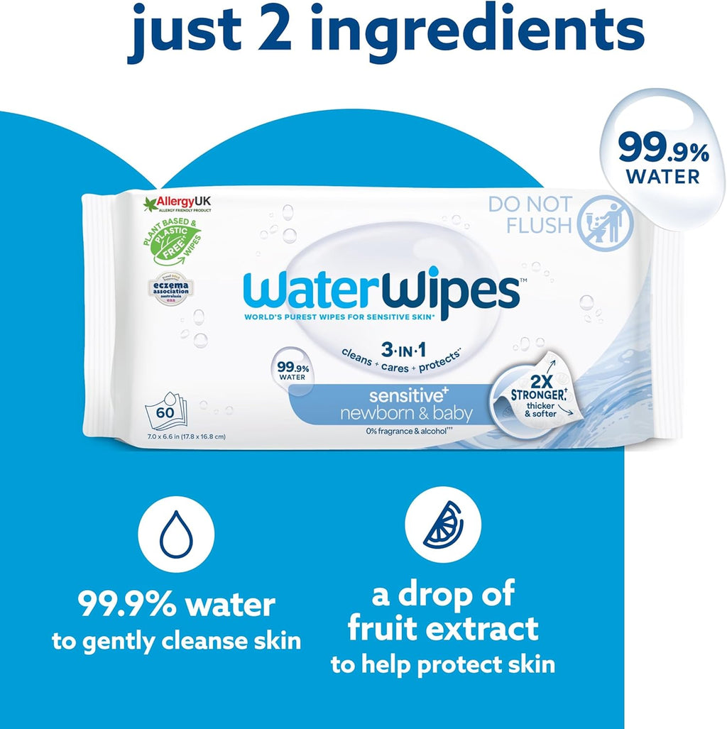 WaterWipes Sensitive+ Newborn & Baby Wipes, 540 Count (9 Packs)