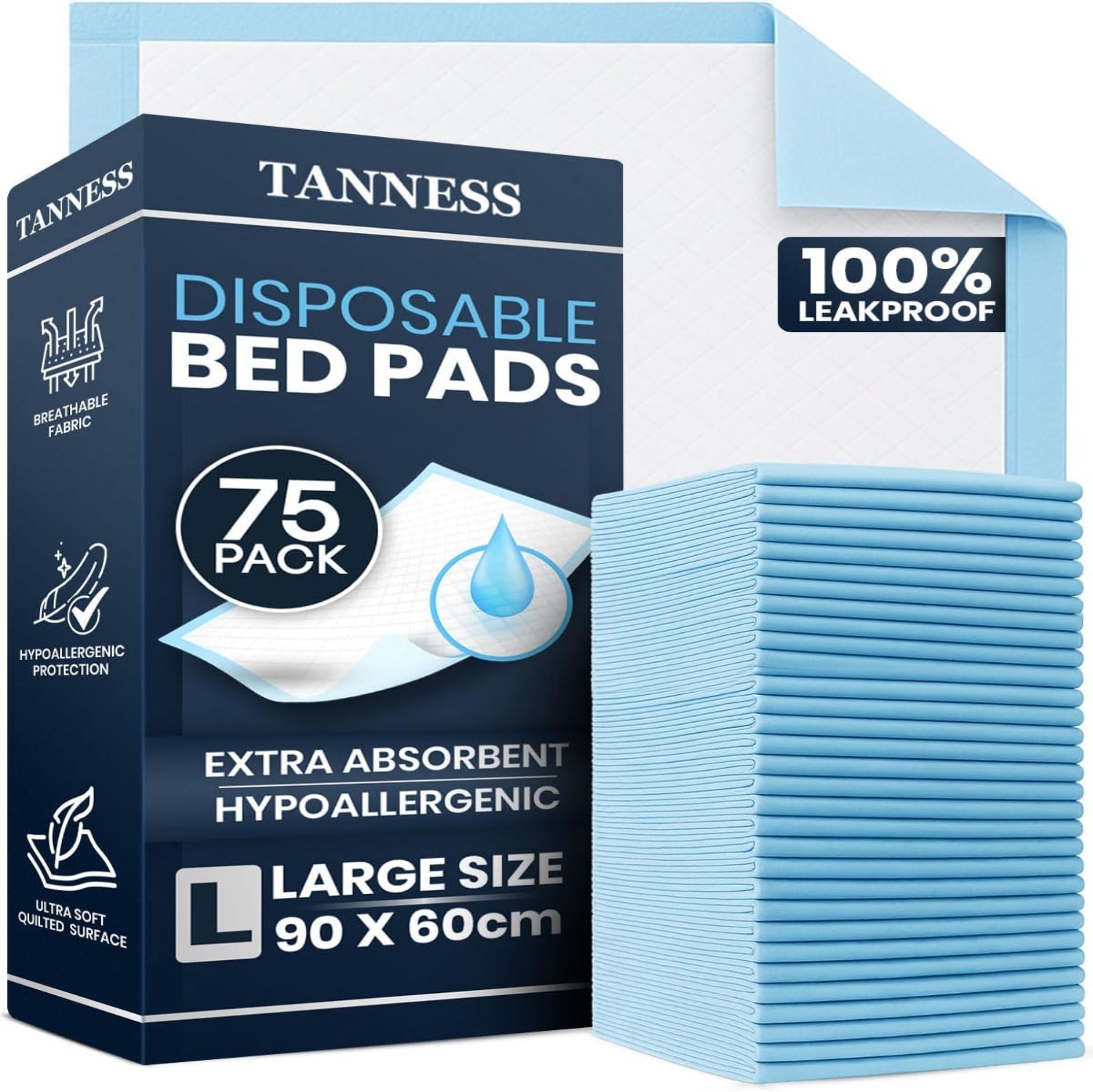 Tanness Disposable Incontinence Bed Pads, 90 x 60 cm (Pack of 75)