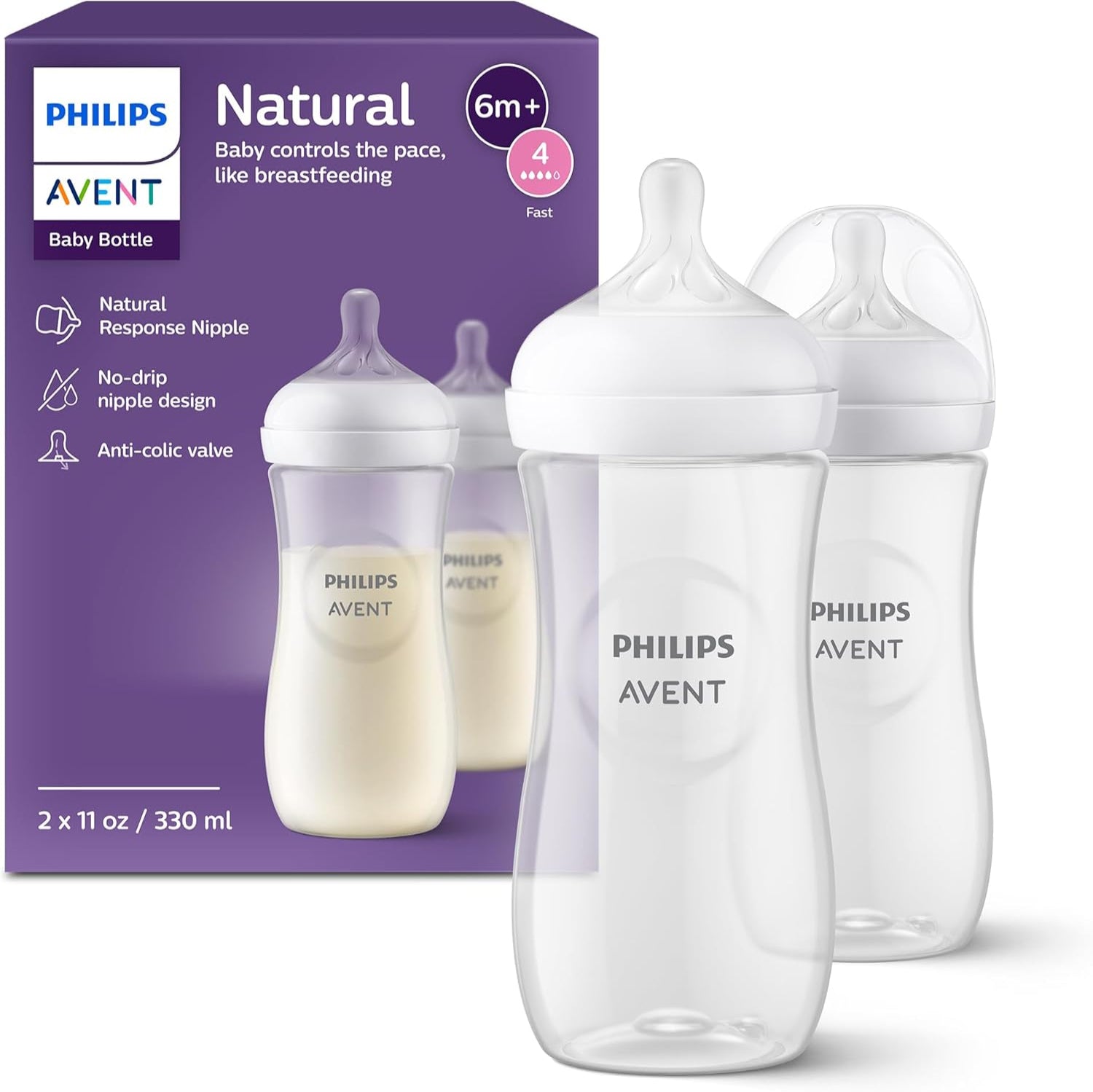 Philips AVENT Natural Baby Bottle with Natural Response Teat, 330ml (Pack of 2) - Model SCY906/02