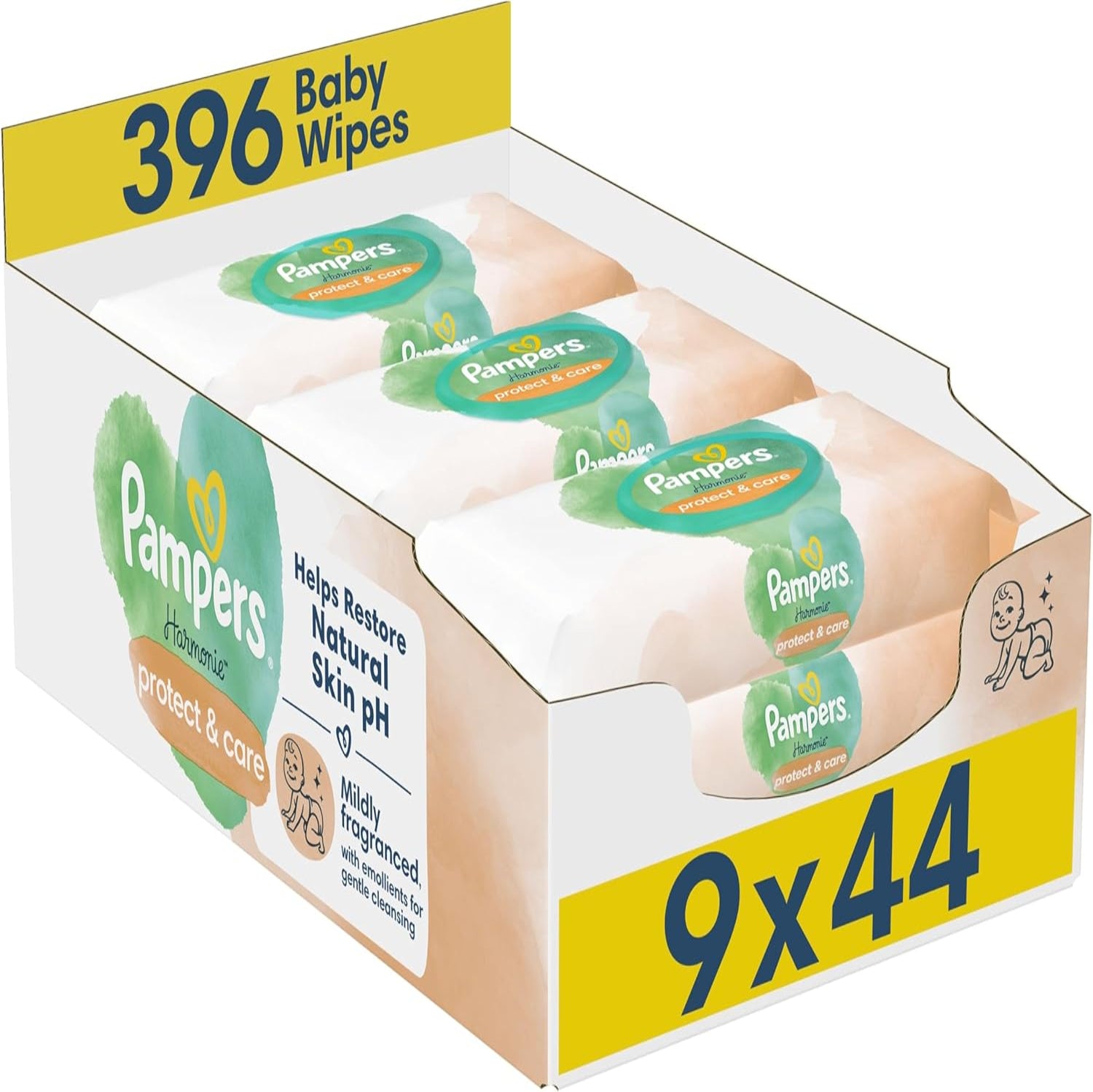 Pampers Harmonie Protect & Care Baby Wipes, 396 Count (9 Packs), Plastic Free