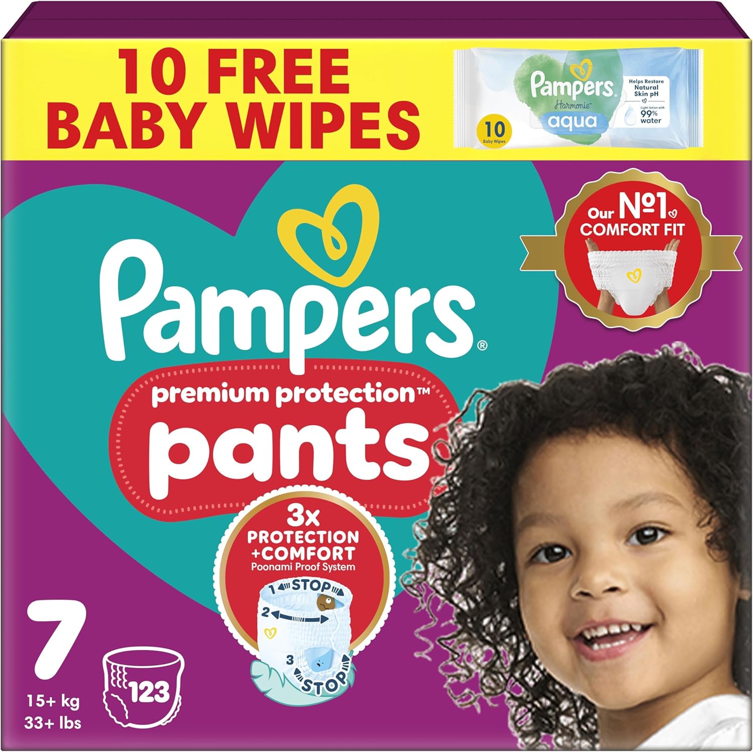 Pampers Premium Protection Nappy Pants Size 7 (15kg+) - 123 Pack + Harmonie Aqua Wipes