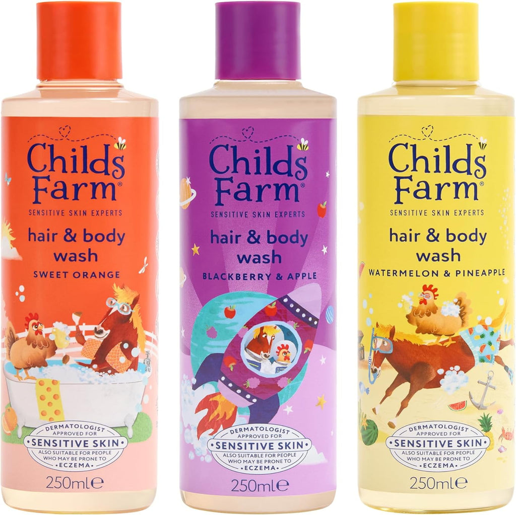 Childs Farm Hair & Body Wash Bundle - Sweet Orange, Blackberry & Apple, Watermelon & Pineapple, 250ml x3
