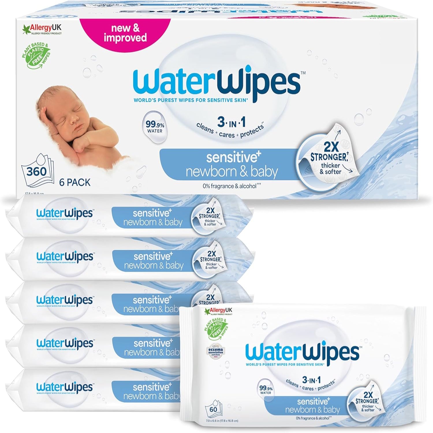 WaterWipes Sensitive+ Newborn & Baby Wipes, 360 Count (6 Packs)