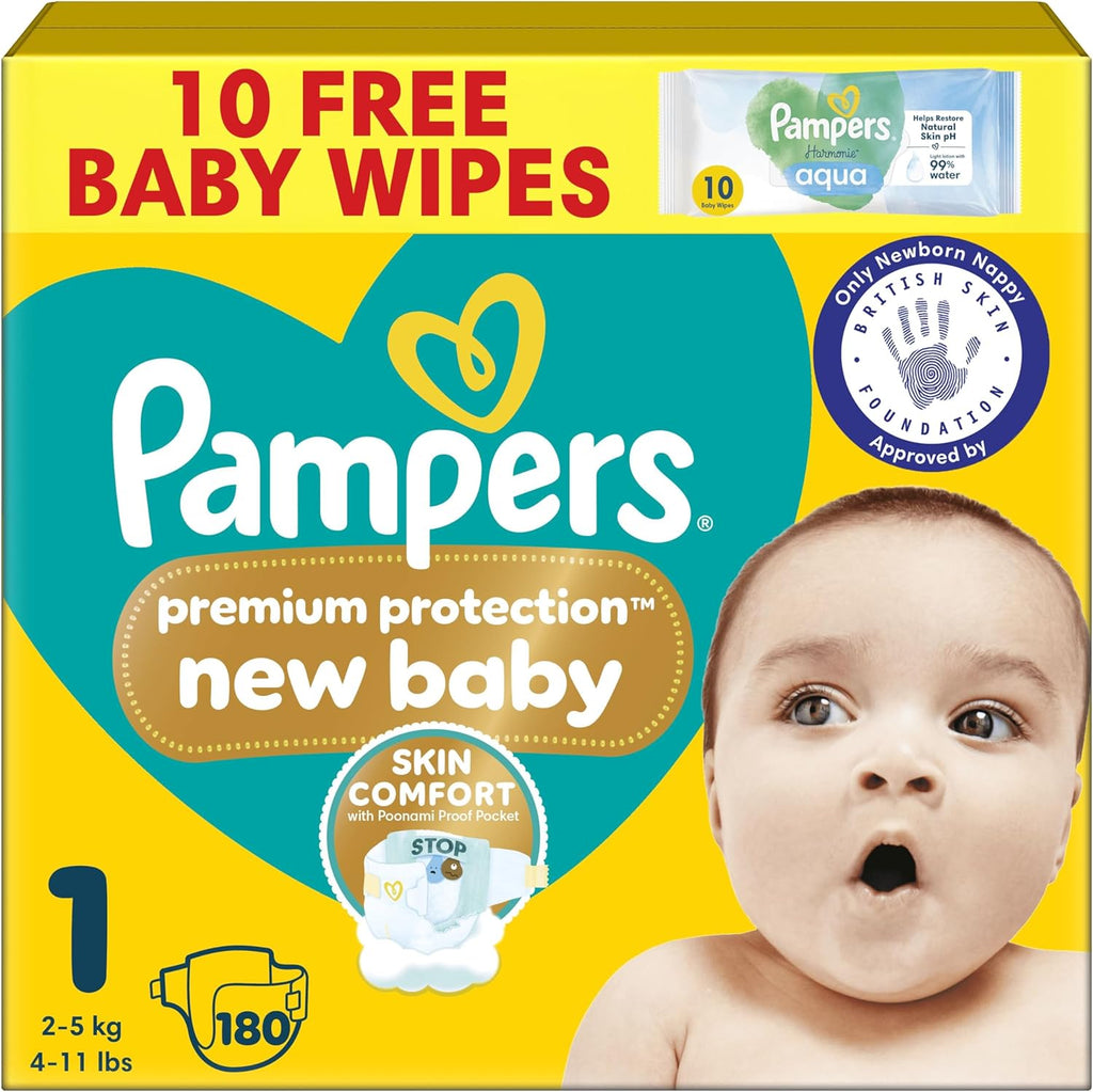 Pampers Premium Protection New Baby Size 1 - 180 Nappies Monthly Pack (2kg-5kg)