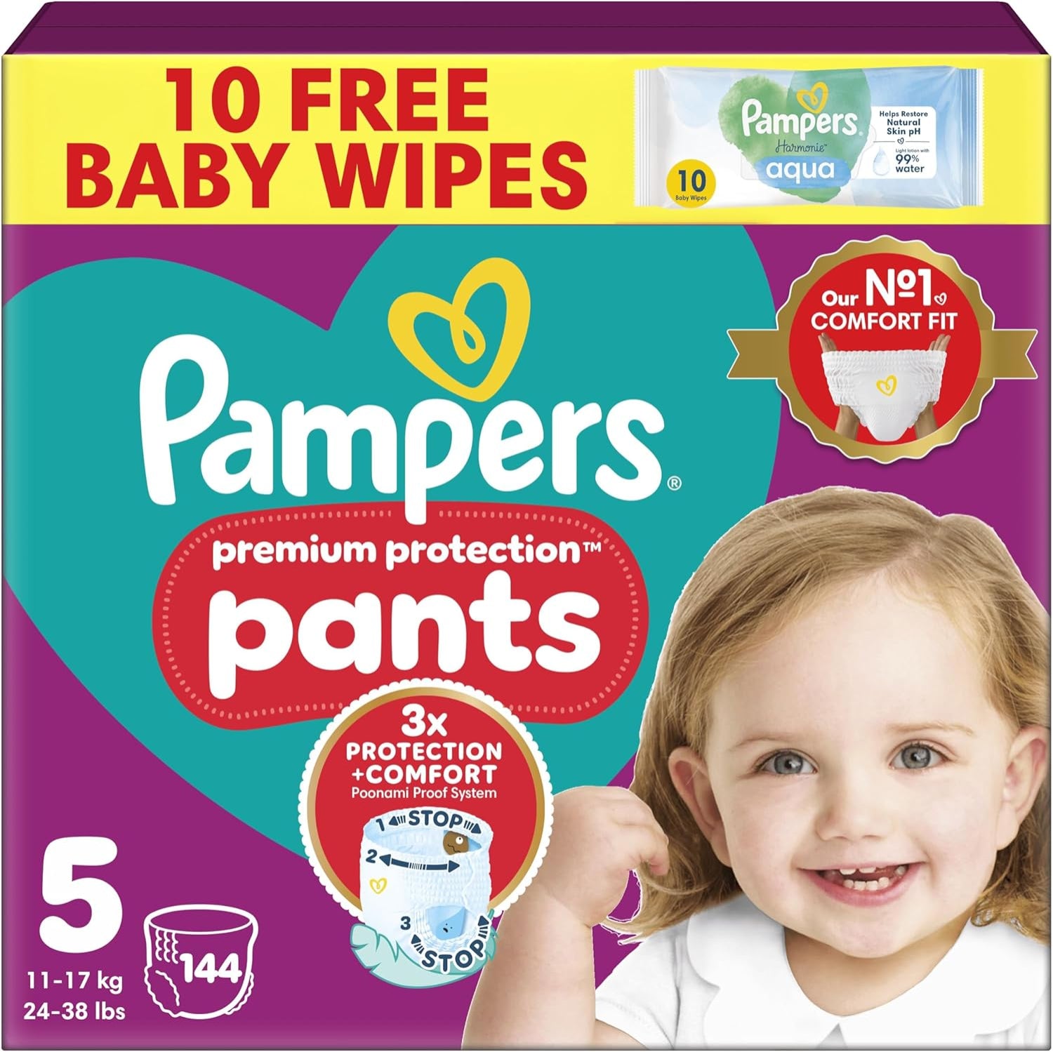 Pampers Premium Protection Nappy Pants Size 5 (11-17kg) - 144 Pack + Harmonie Aqua Wipes