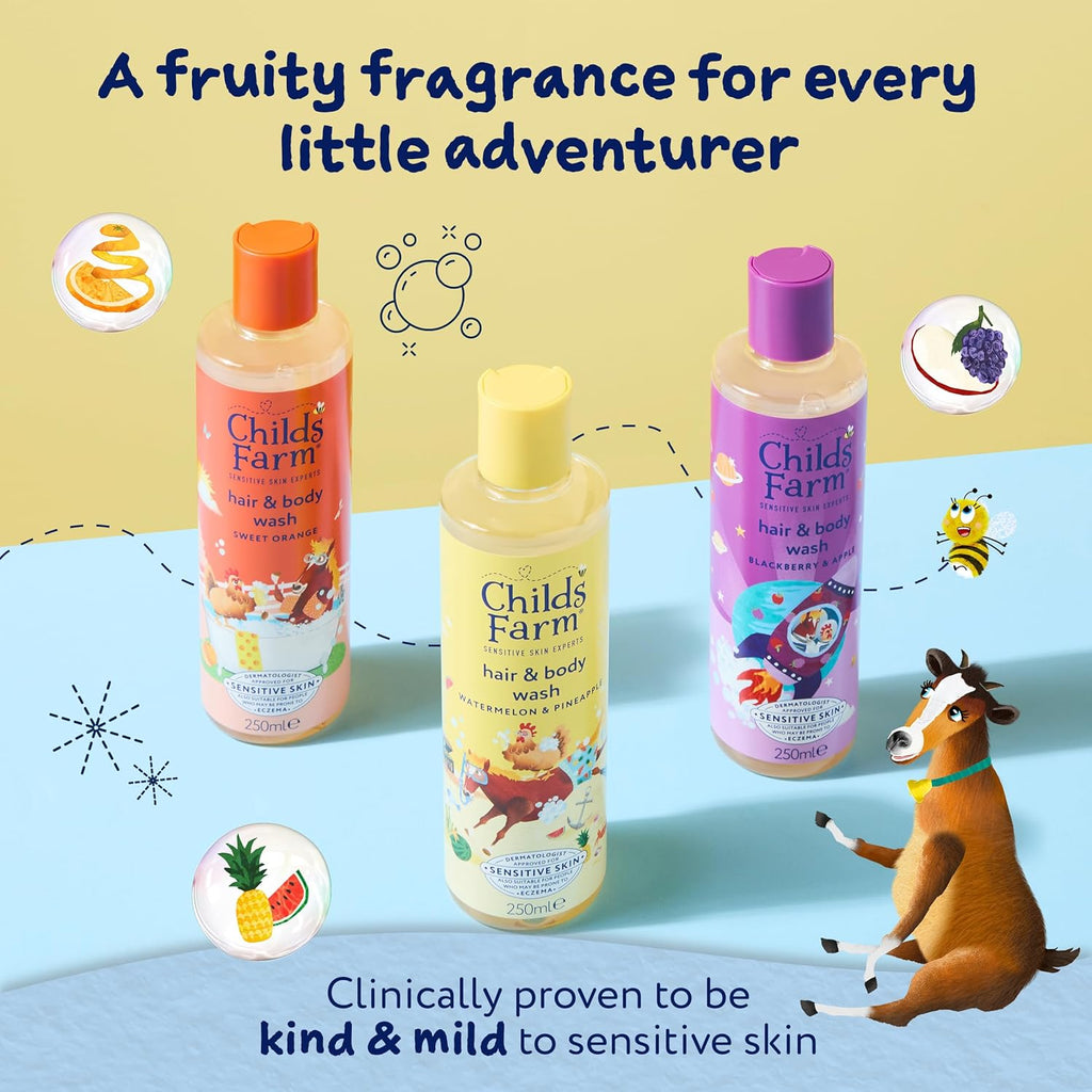 Childs Farm Hair & Body Wash Bundle - Sweet Orange, Blackberry & Apple, Watermelon & Pineapple, 250ml x3