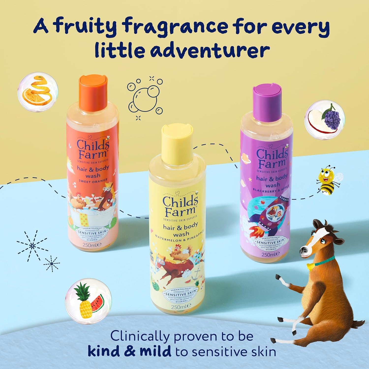 Childs Farm Hair & Body Wash Bundle - Sweet Orange, Blackberry & Apple, Watermelon & Pineapple, 250ml x3