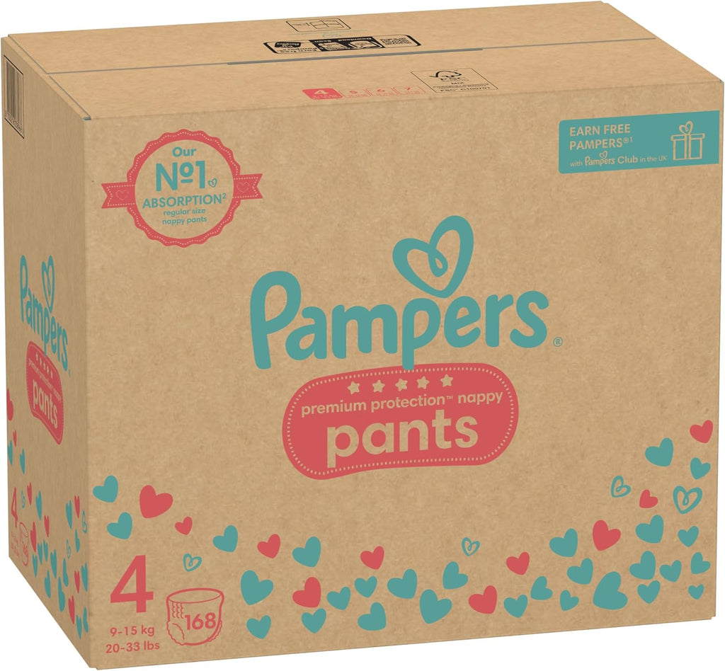 Pampers Premium Protection Nappy Pants Size 4 (9-15kg) - 168 Pack + Harmonie Aqua Wipes