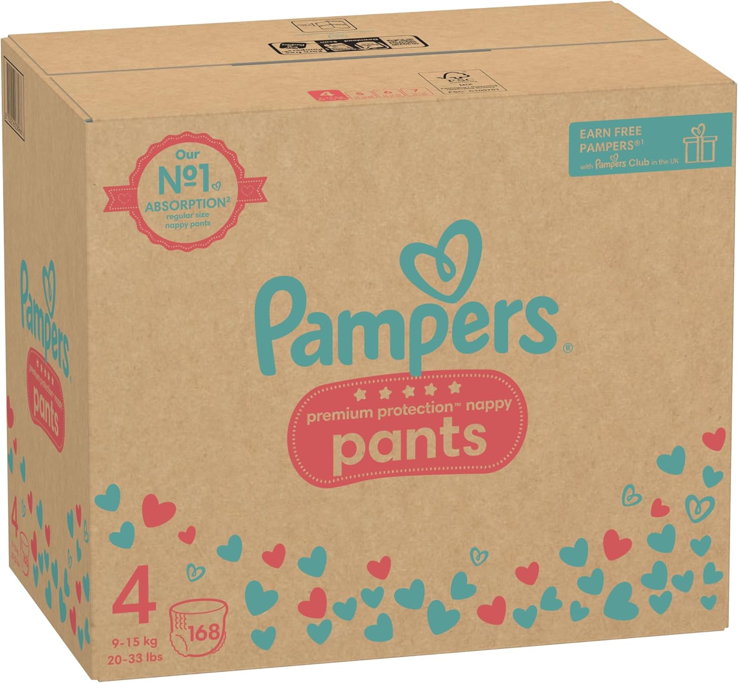 Pampers Premium Protection Nappy Pants Size 4 (9-15kg) - 168 Pack + Harmonie Aqua Wipes