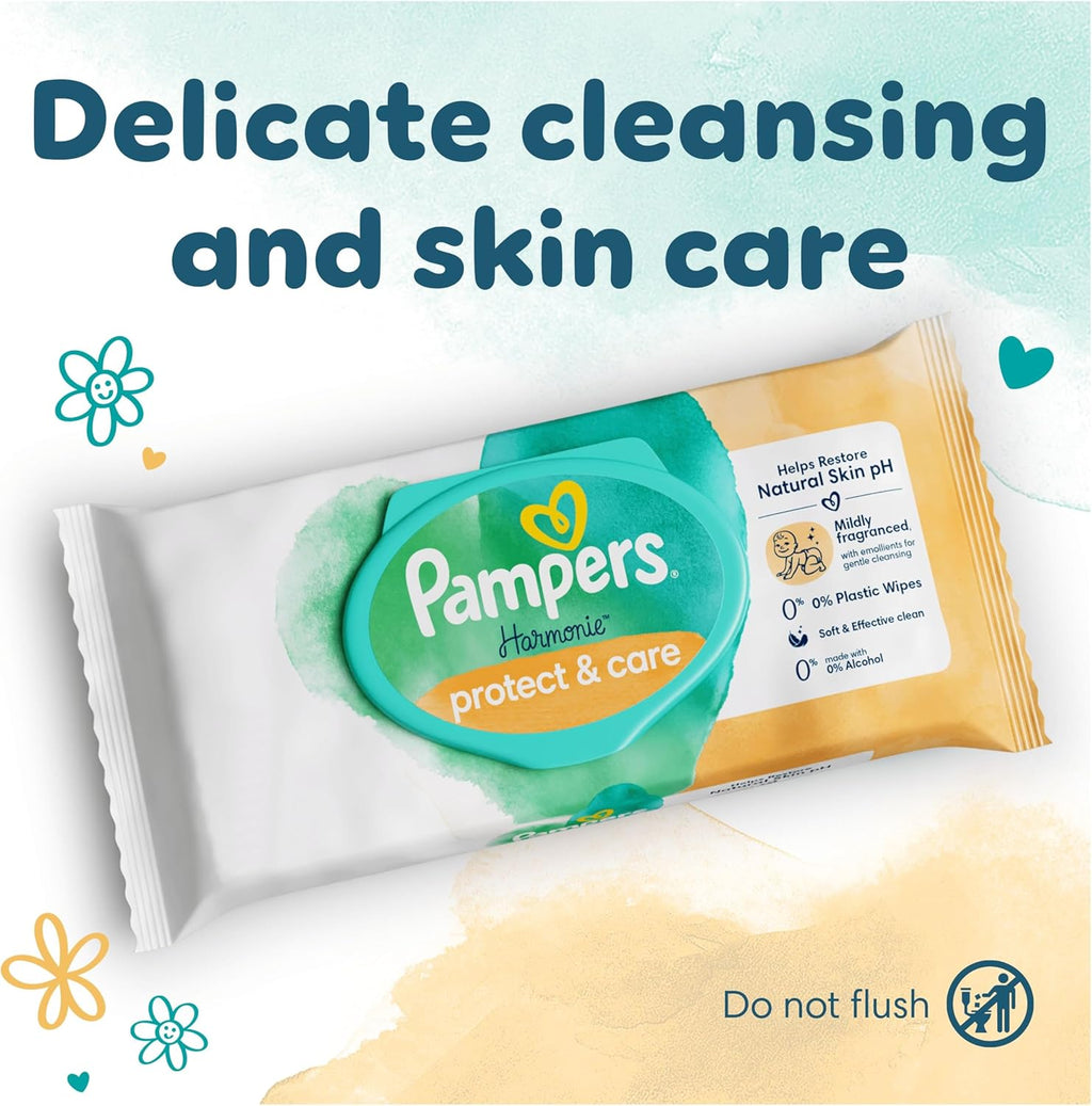 Pampers Harmonie Protect & Care Baby Wipes, 396 Count (9 Packs), Plastic Free