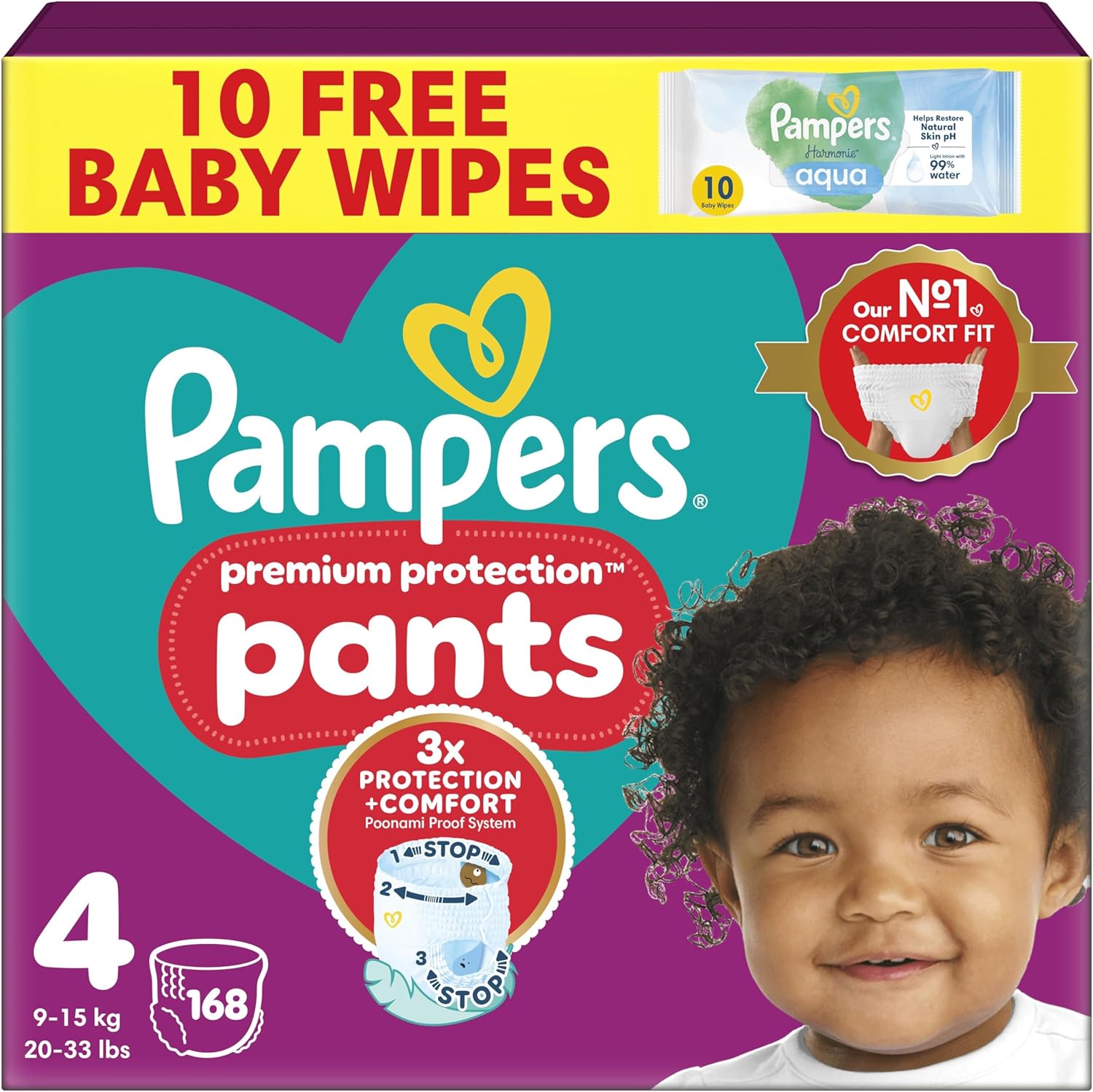 Pampers Premium Protection Nappy Pants Size 4 (9-15kg) - 168 Pack + Harmonie Aqua Wipes