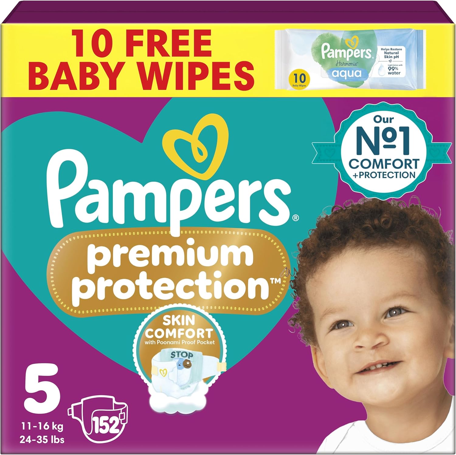 Pampers Premium Protection Size 5 Nappies (11-16kg) - 152 Pack + Harmonie Aqua Wipes