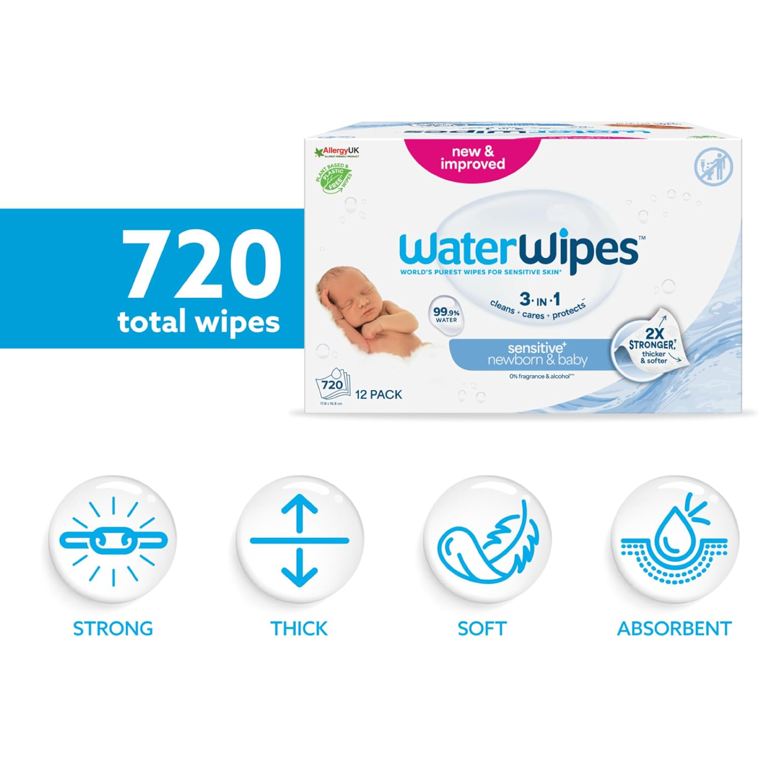 WaterWipes Sensitive+ Newborn & Baby Wipes, 720 Count (12 Packs)
