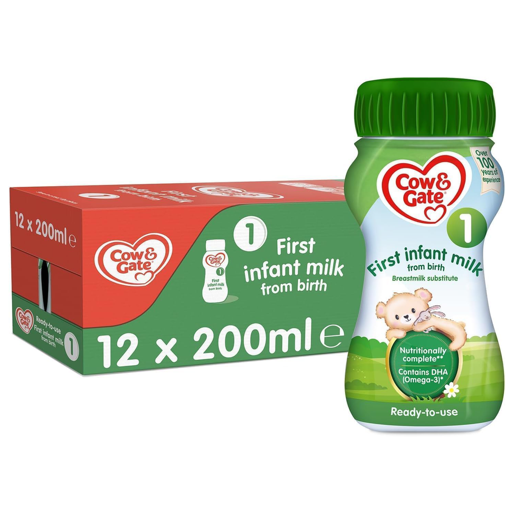 Cow & Gate 1 First Infant Baby Milk Ready to Use, From Birth, 200ml (Pack of 12)