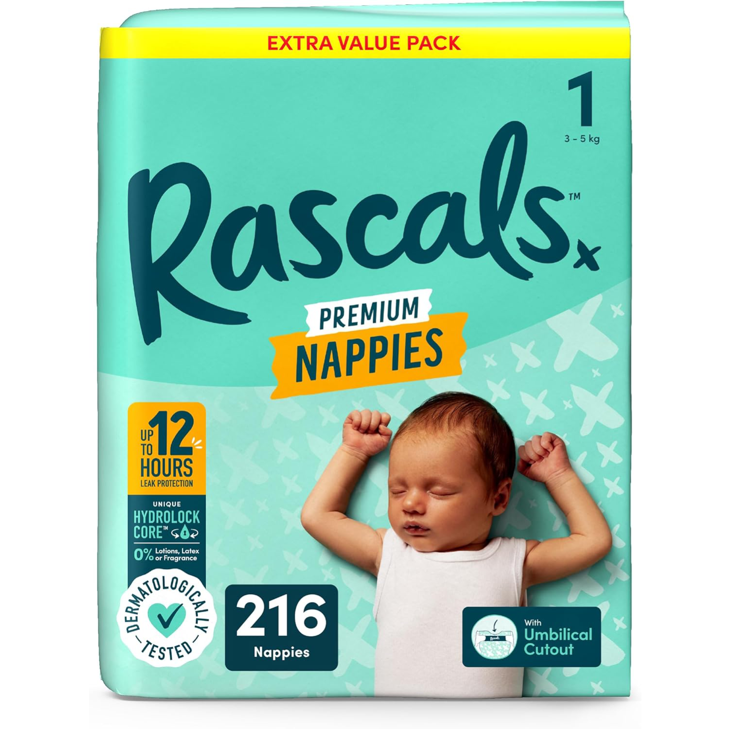Rascals Premium Nappies Size 1 - 216 Pack