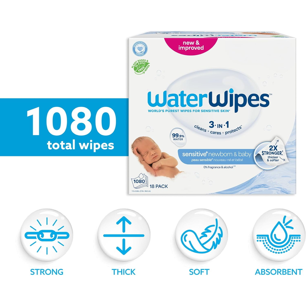 WaterWipes Sensitive+ Newborn & Baby Wipes, 1080 Count (18 Packs)