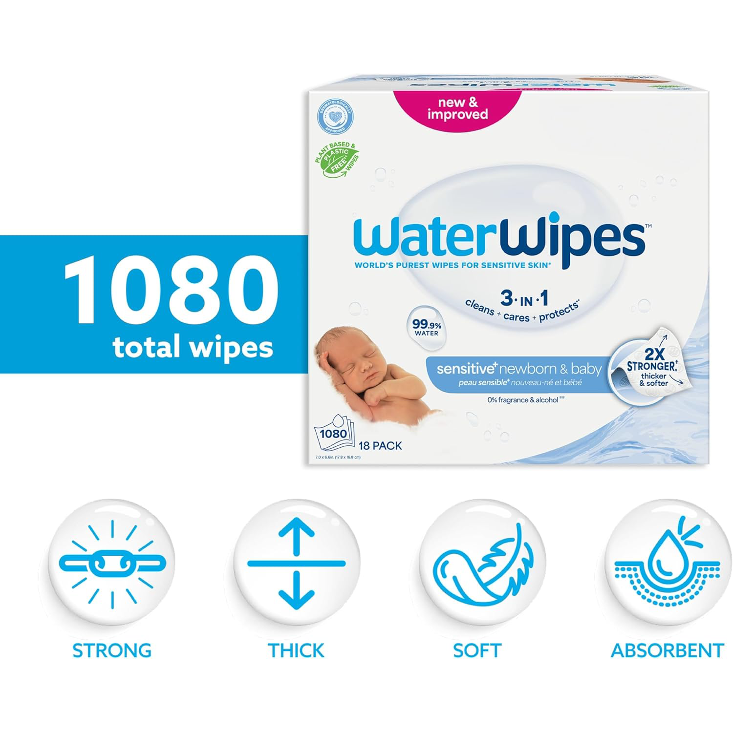 WaterWipes Sensitive+ Newborn & Baby Wipes, 1080 Count (18 Packs)