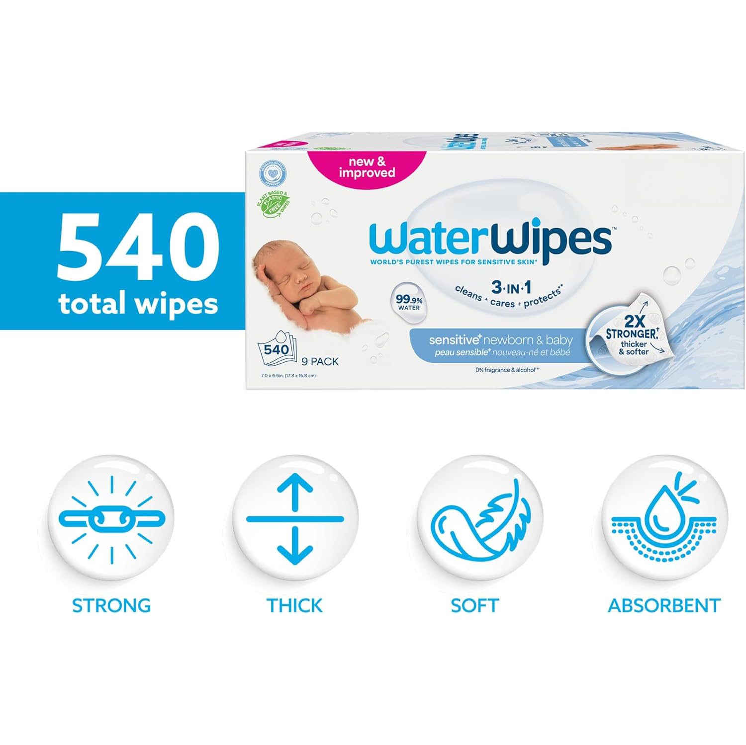 WaterWipes Sensitive+ Newborn & Baby Wipes, 540 Count (9 Packs)