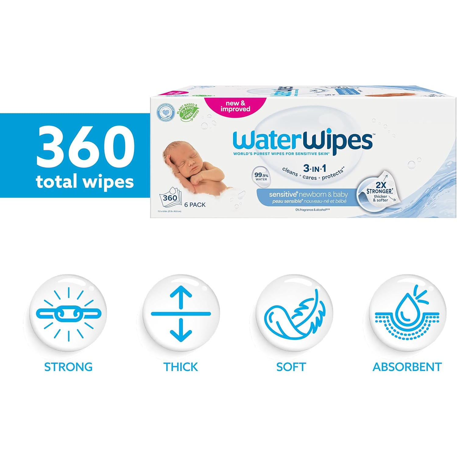 WaterWipes Sensitive+ Newborn & Baby Wipes, 360 Count (6 Packs)